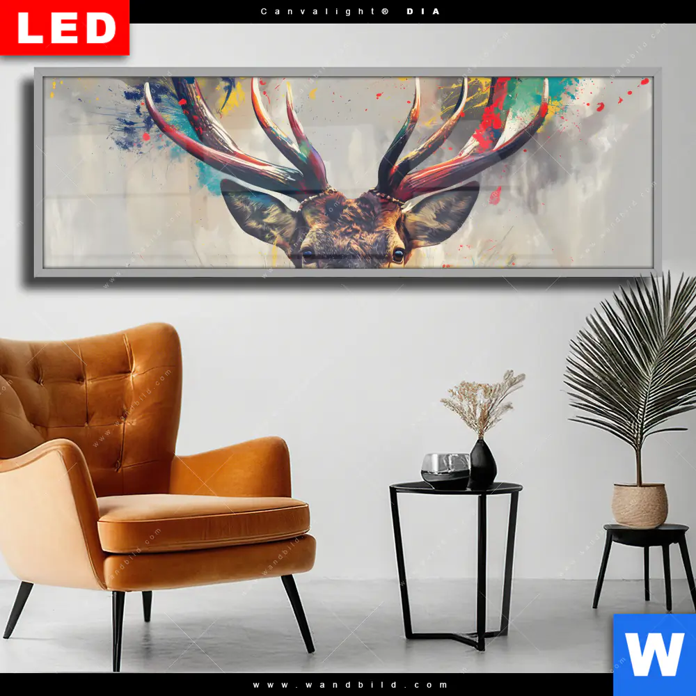 Wechselmotiv Acrylglas Canvalight® DIA | Kreativer Hirsch mit Farbspritzern | Panorama