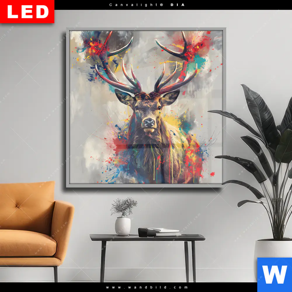 Wechselmotiv Acrylglas Canvalight® DIA | Kreativer Hirsch mit Farbspritzern | Quadrat