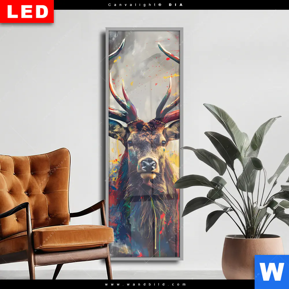 Wechselmotiv Acrylglas Canvalight® DIA | Kreativer Hirsch mit Farbspritzern | Schmal