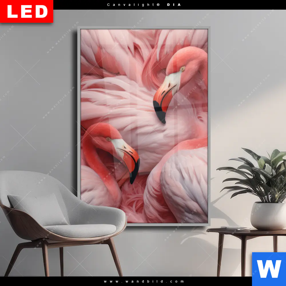 Wechselmotiv Acrylglas Canvalight® DIA | Kuschelnde Flamingos | Hochformat
