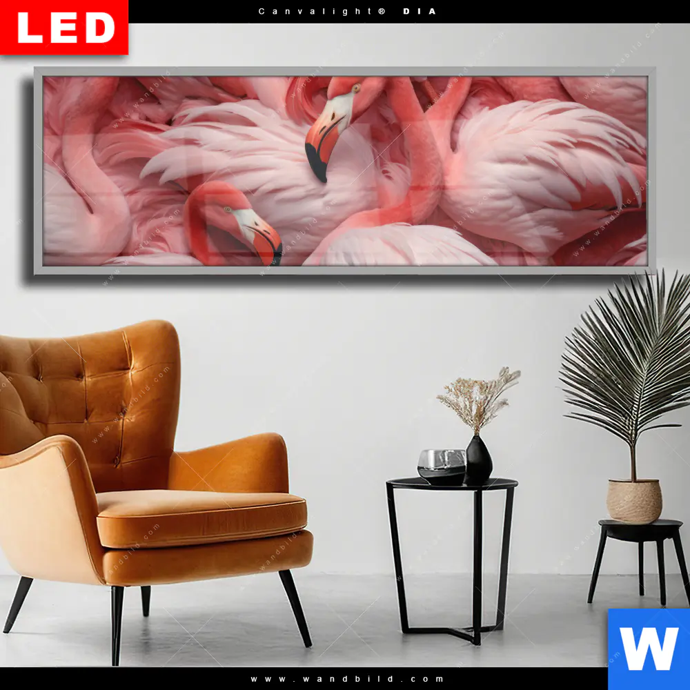 Wechselmotiv Acrylglas Canvalight® DIA | Kuschelnde Flamingos | Panorama
