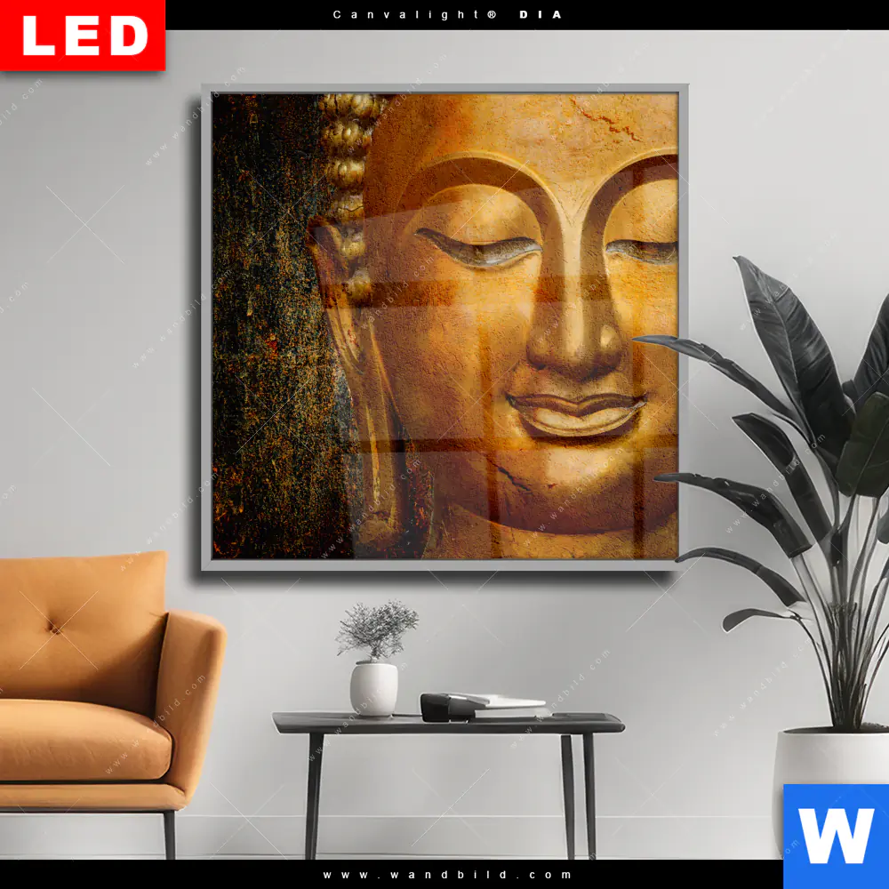 Wechselmotiv Acrylglas Canvalight® DIA | Lächelnder Buddha in Gold | Quadrat