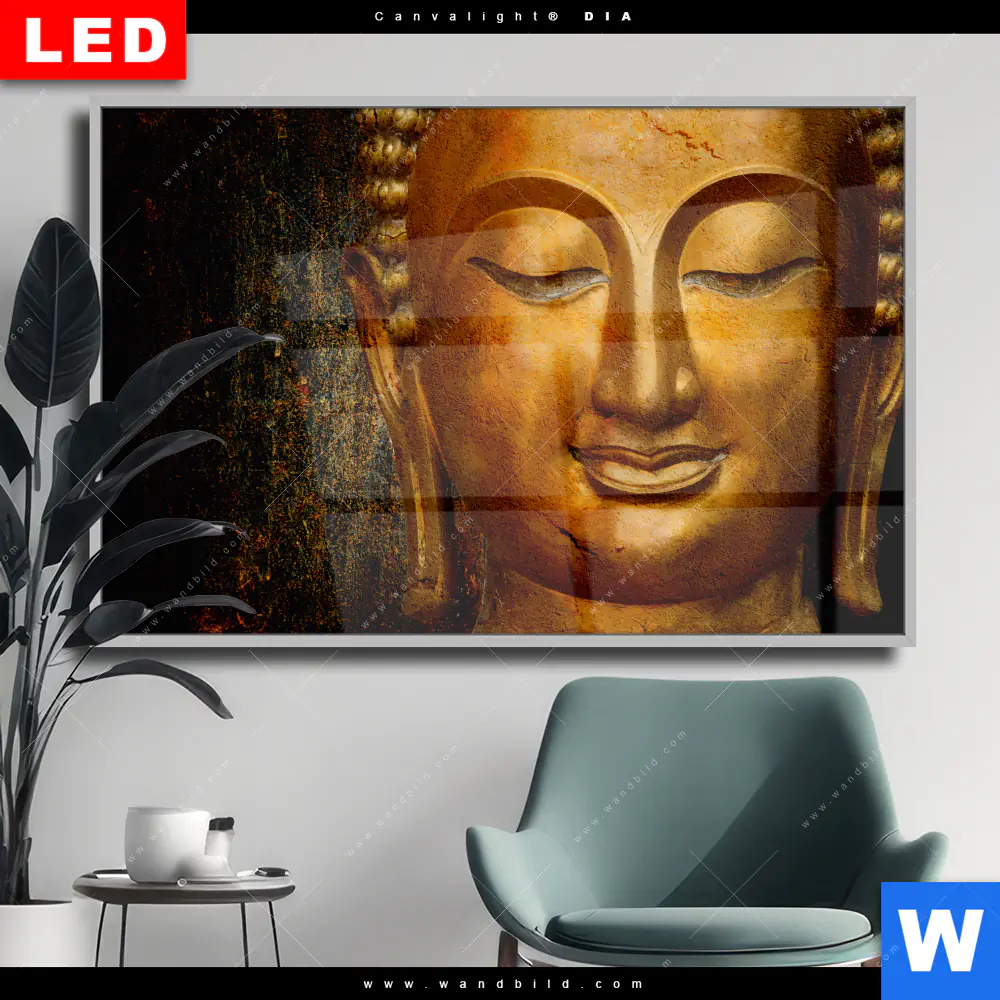 Wechselmotiv Acrylglas Canvalight® DIA | Lächelnder Buddha in Gold | Querformat