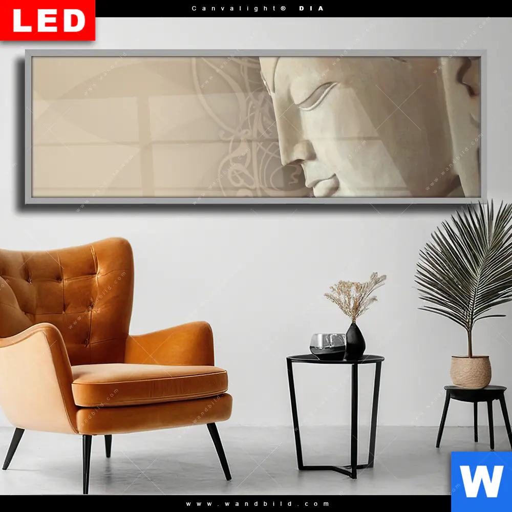 Wechselmotiv Acrylglas Canvalight® DIA | Lächelnder Buddha | Panorama