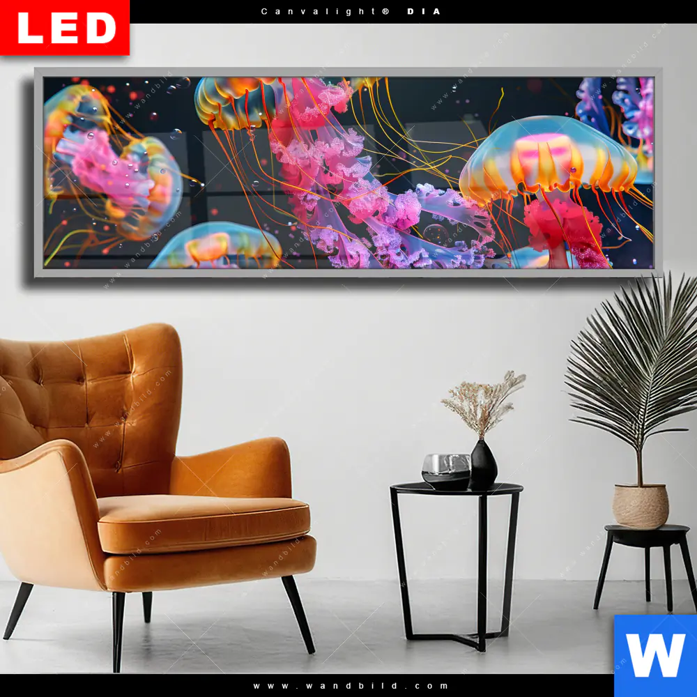 Wechselmotiv Acrylglas Canvalight® DIA | Leuchtende Quallen unter Wasser | Panorama