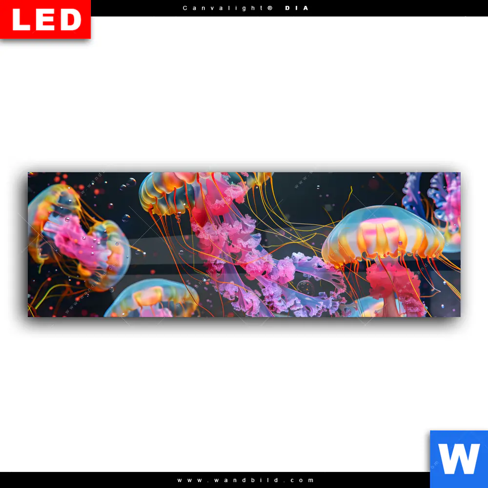 Wechselmotiv Acrylglas Canvalight® DIA | Leuchtende Quallen unter Wasser | Panorama - Image 2