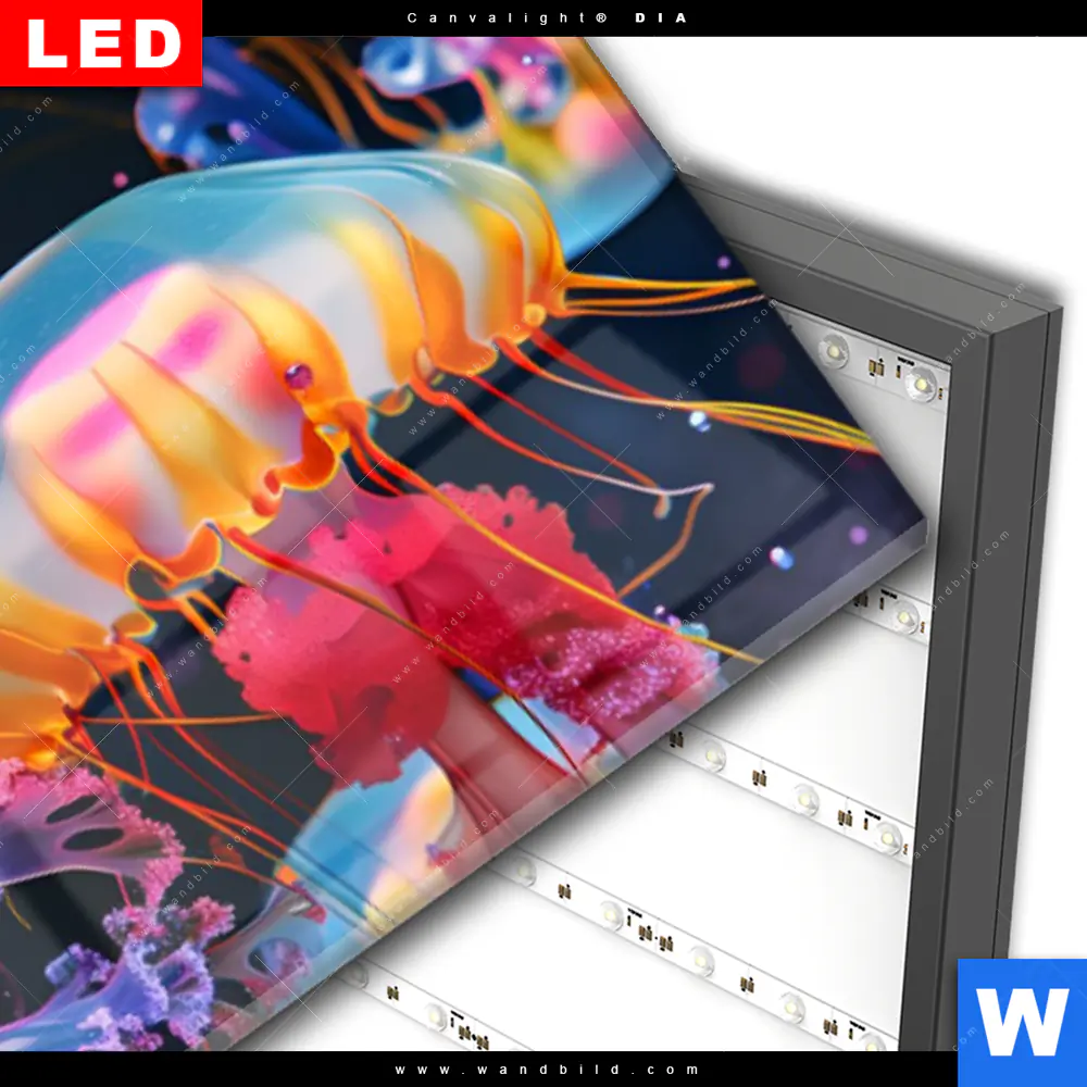 Wechselmotiv Acrylglas Canvalight® DIA | Leuchtende Quallen unter Wasser | Panorama - Image 3