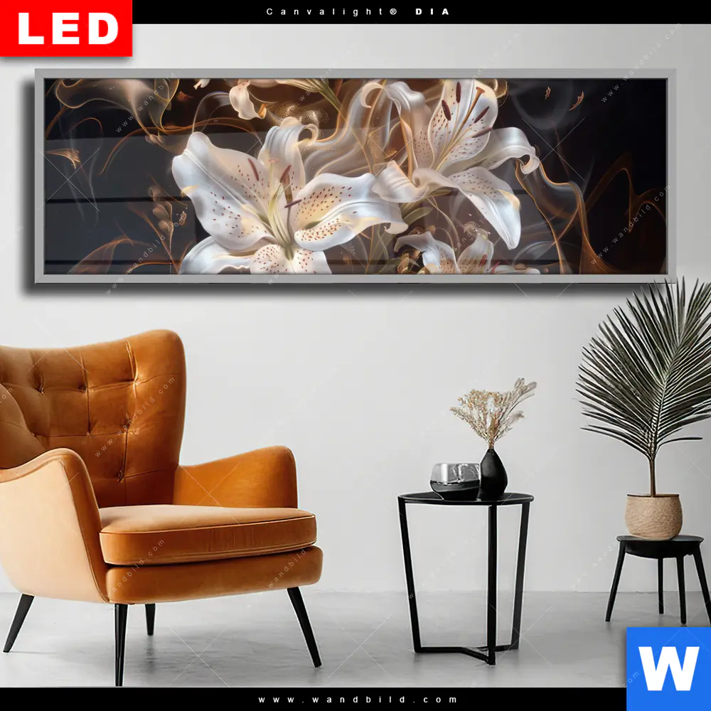 Wechselmotiv Acrylglas Canvalight® DIA | Lilien in goldenem Rauch | Panorama