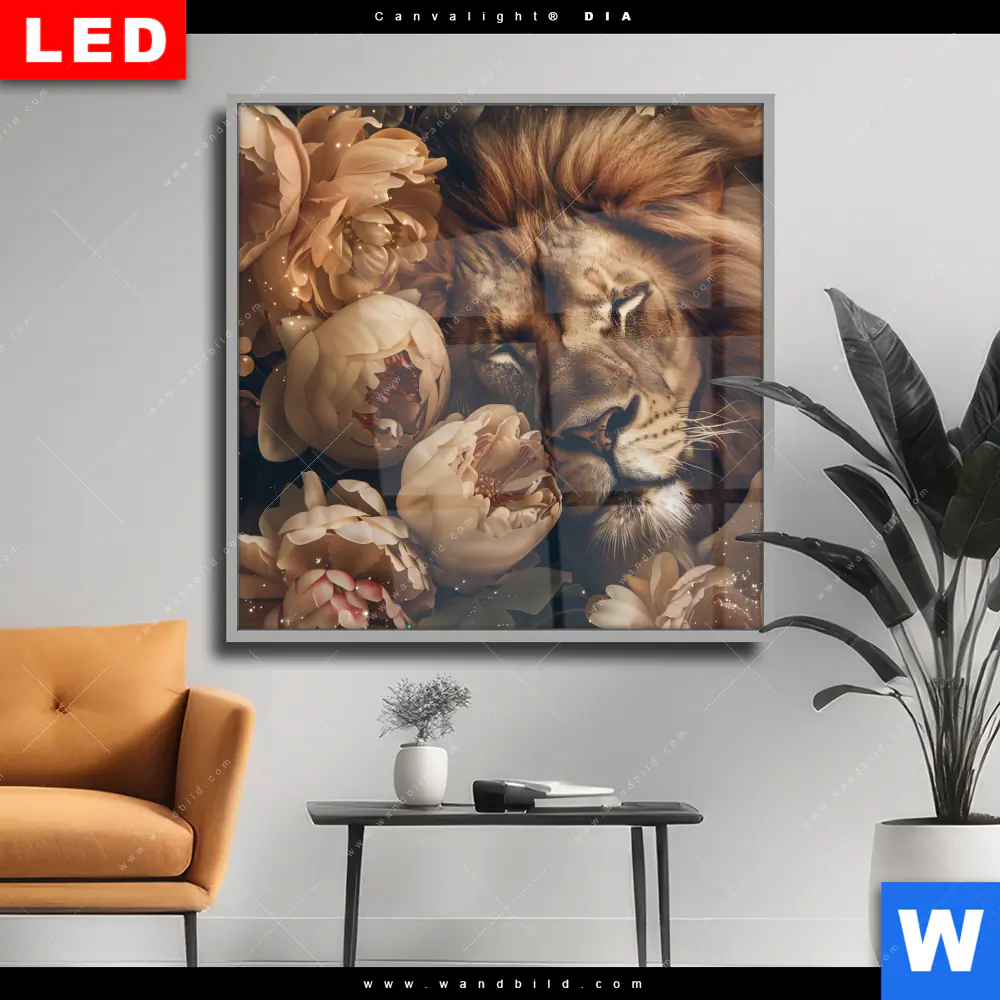 Wechselmotiv Acrylglas Canvalight® DIA | Löwe schläft in Blüten | Quadrat