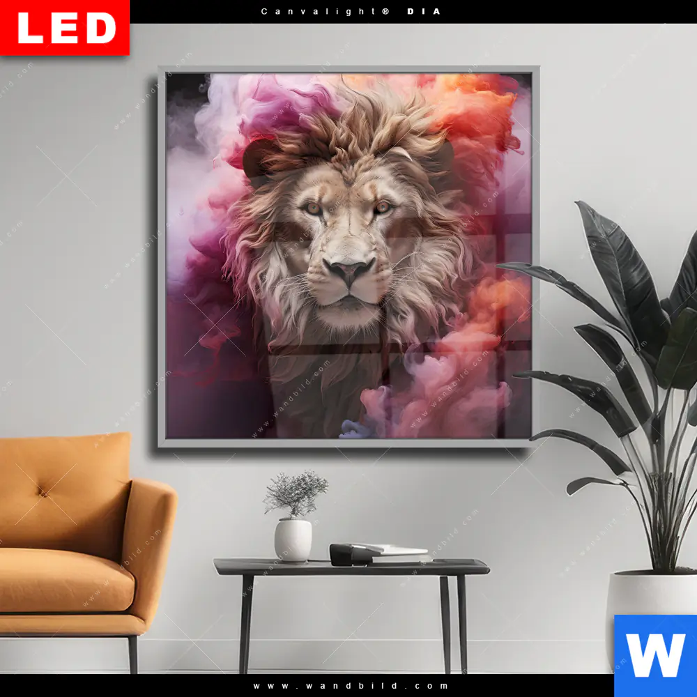 Wechselmotiv Acrylglas Canvalight® DIA | Löwengesicht in buntem Rauch | Quadrat