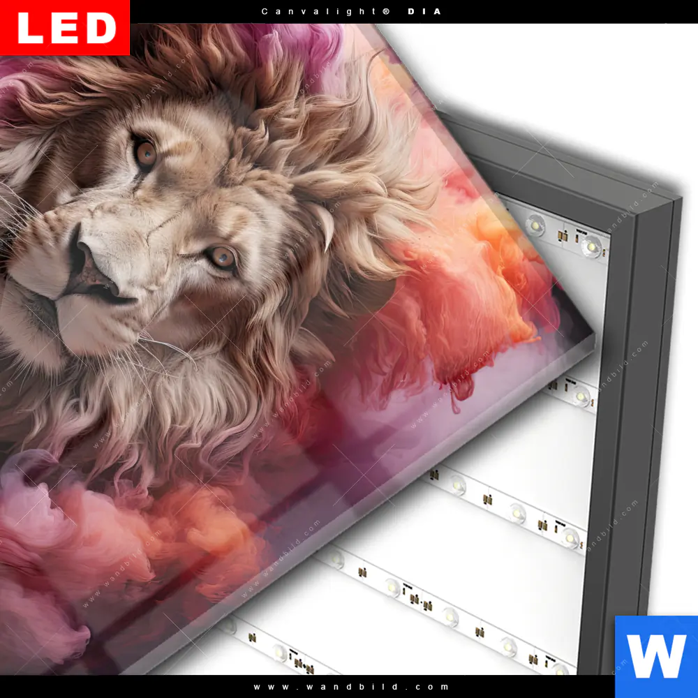 Wechselmotiv Acrylglas Canvalight® DIA | Löwengesicht in buntem Rauch | Quadrat - Image 3