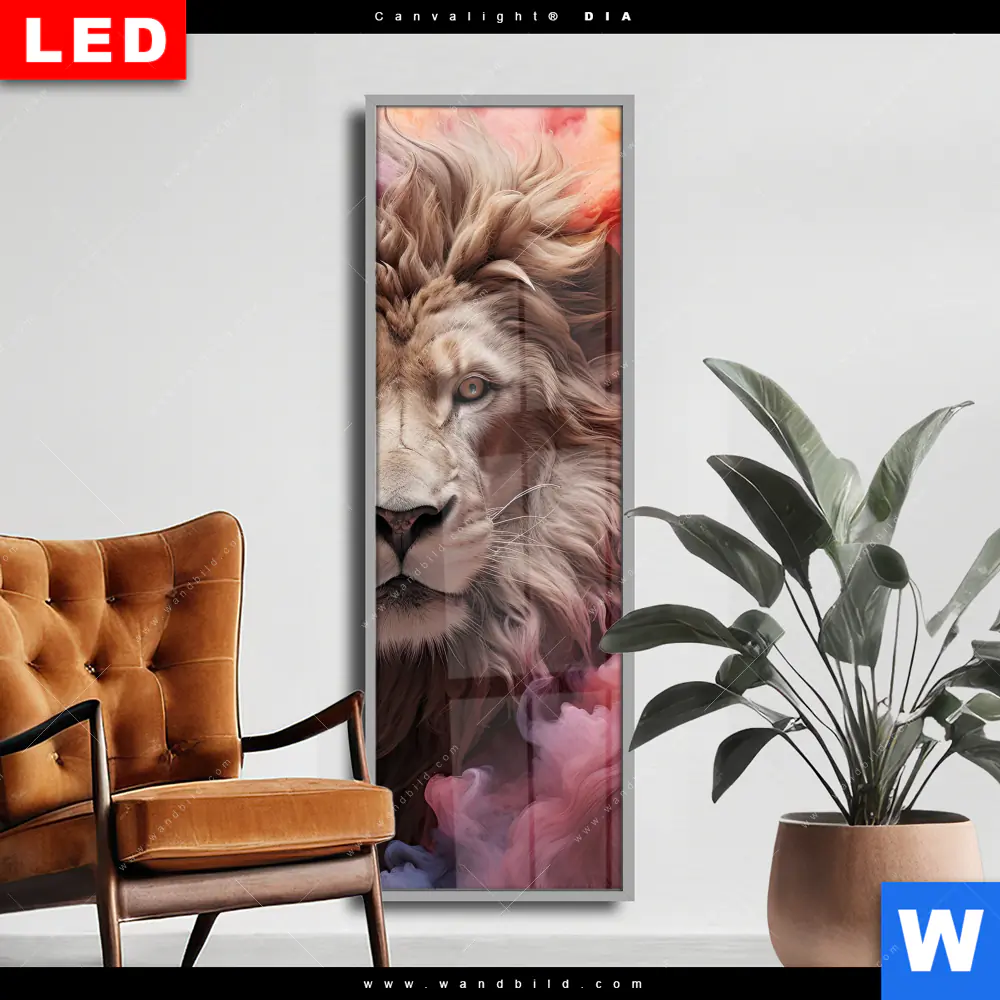 Wechselmotiv Acrylglas Canvalight® DIA | Löwengesicht in buntem Rauch | Schmal