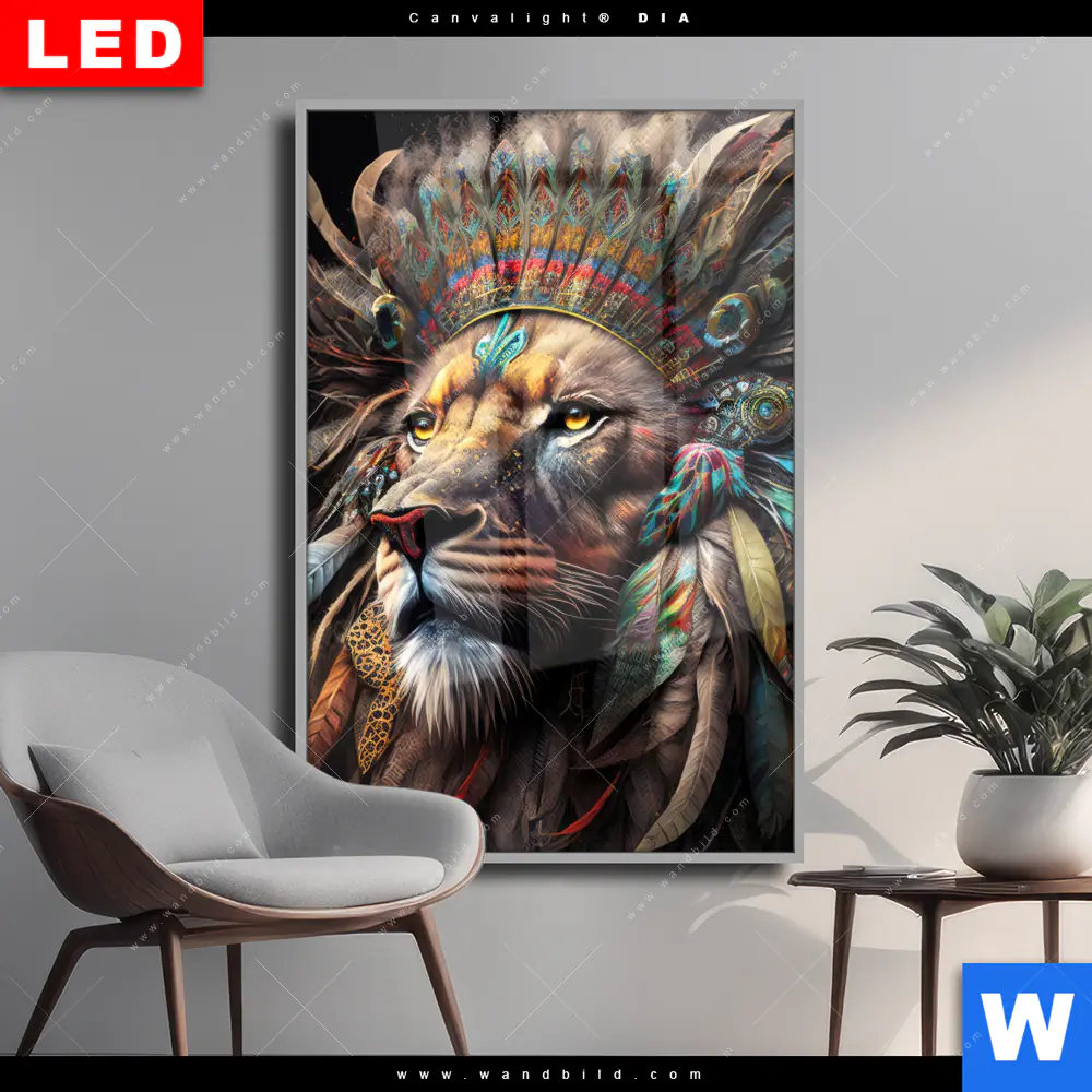 Wechselmotiv Acrylglas Canvalight® DIA | Löwenkopf mit bunten Federn | Hochformat