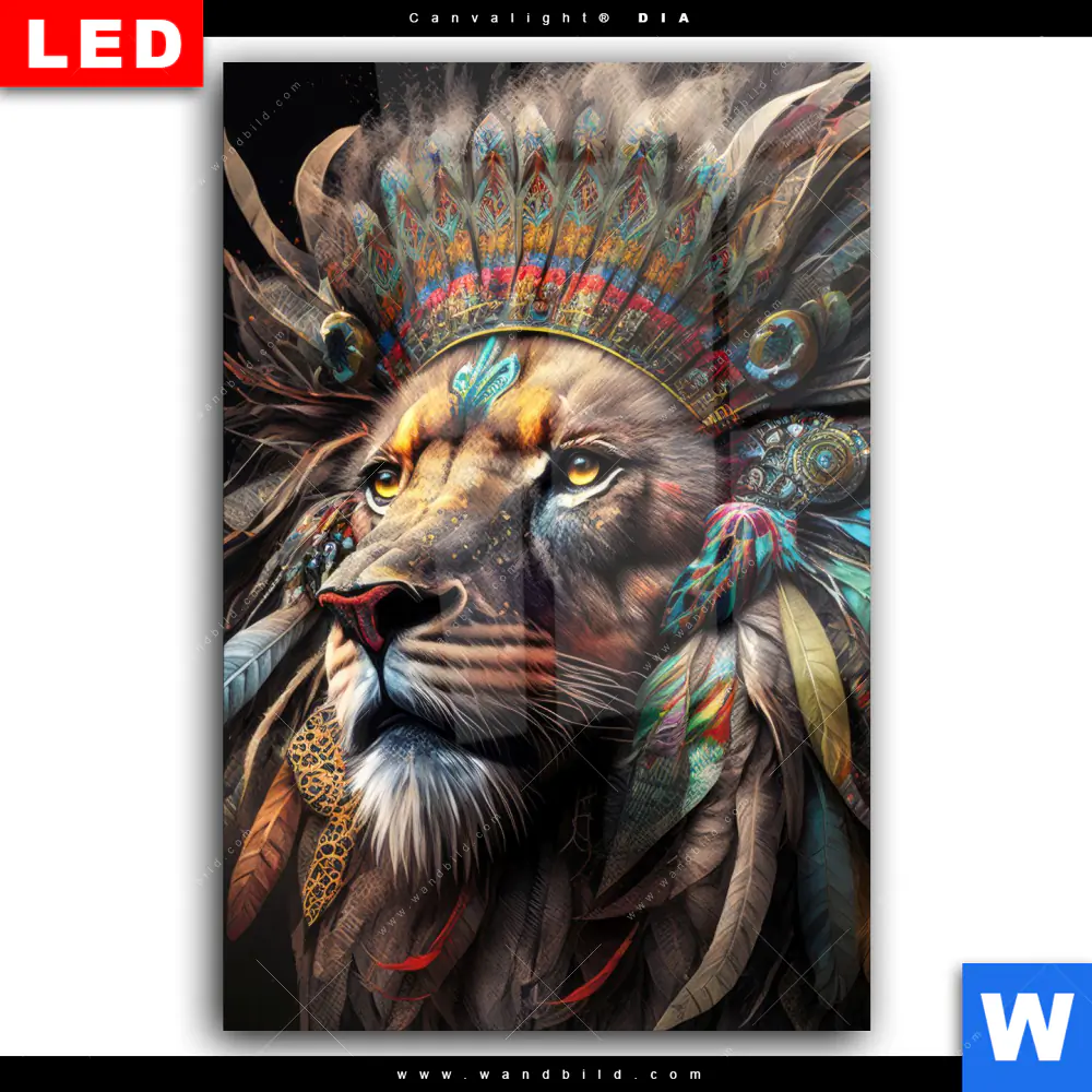 Wechselmotiv Acrylglas Canvalight® DIA | Löwenkopf mit bunten Federn | Hochformat - Image 2