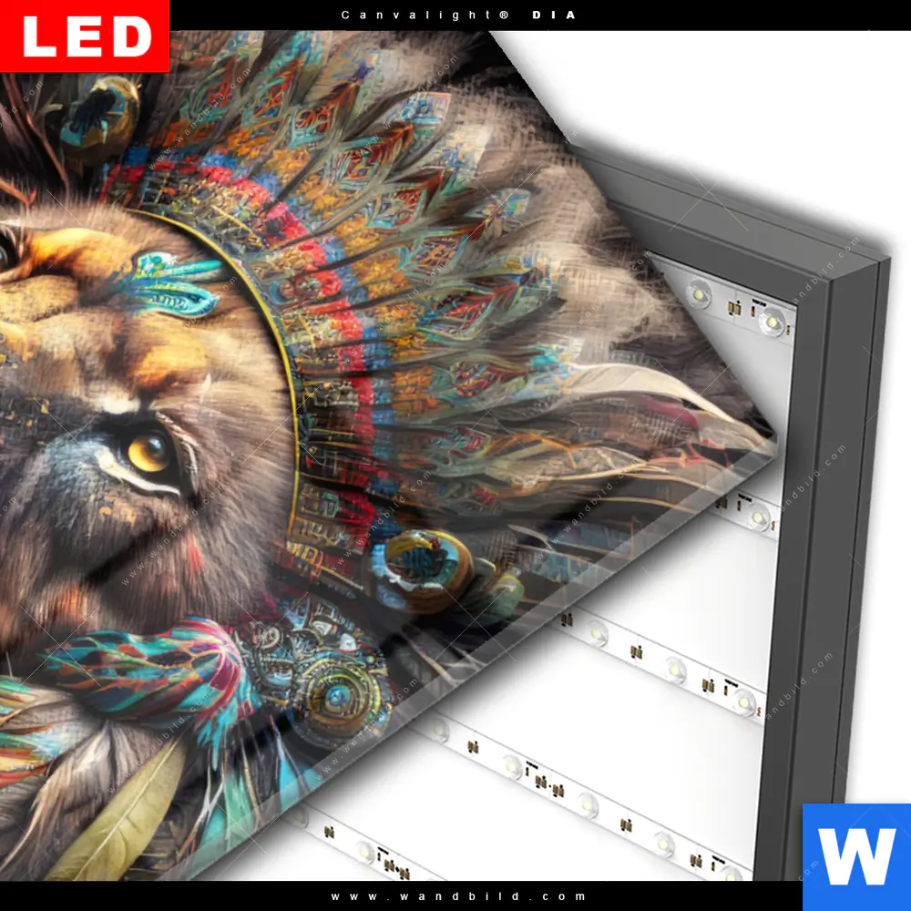 Wechselmotiv Acrylglas Canvalight® DIA | Löwenkopf mit bunten Federn | Hochformat - Image 3