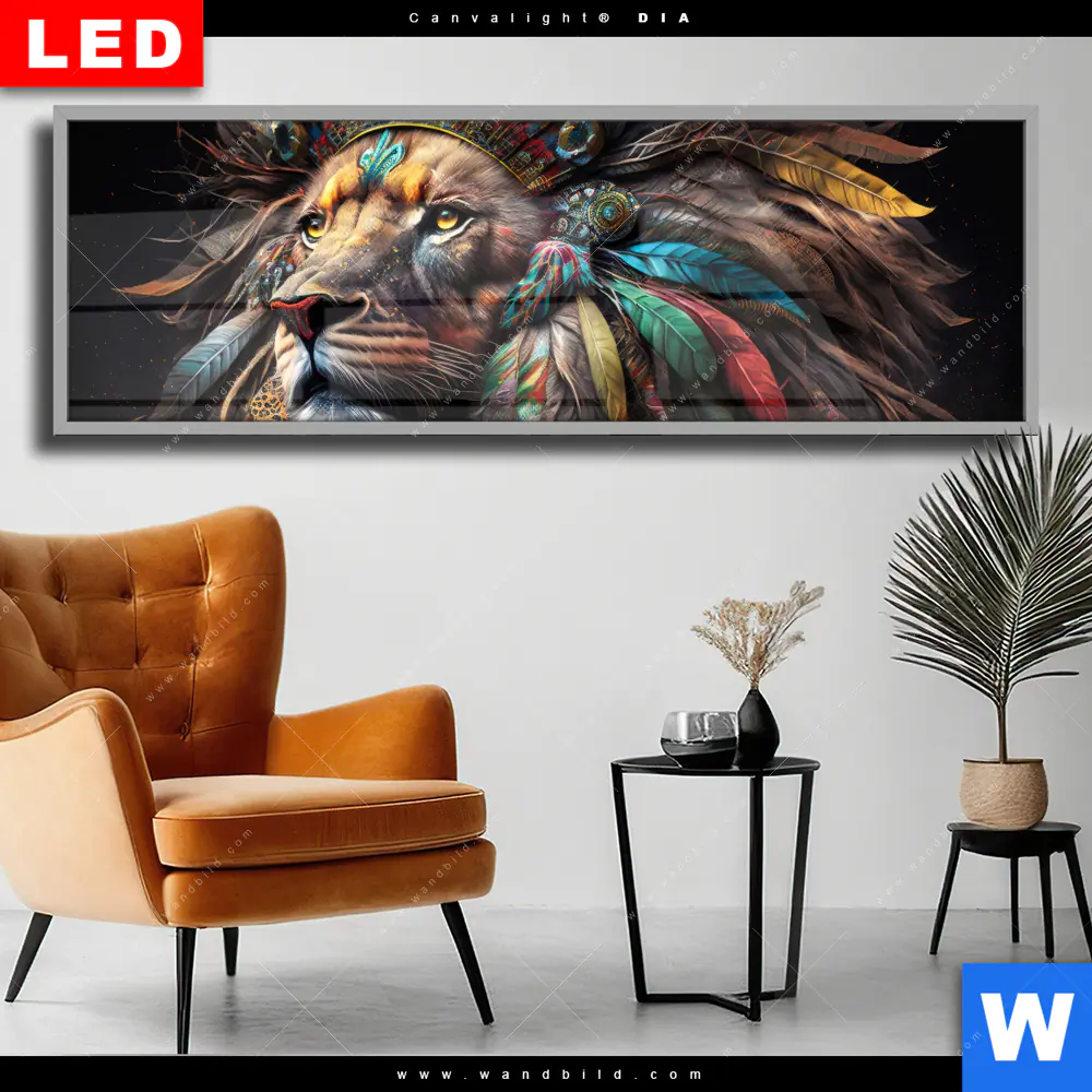 Wechselmotiv Acrylglas Canvalight® DIA | Löwenkopf mit bunten Federn | Panorama