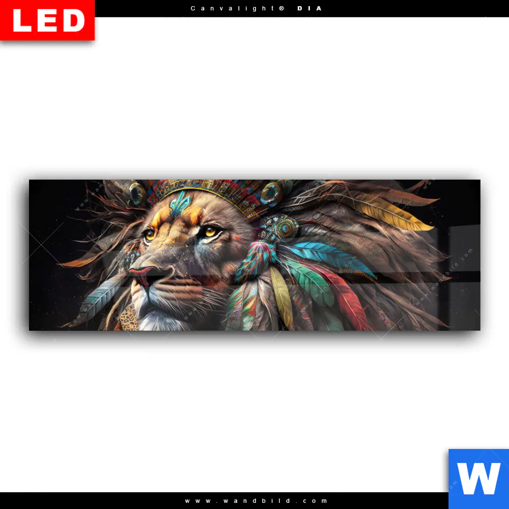Wechselmotiv Acrylglas Canvalight® DIA | Löwenkopf mit bunten Federn | Panorama - Image 2