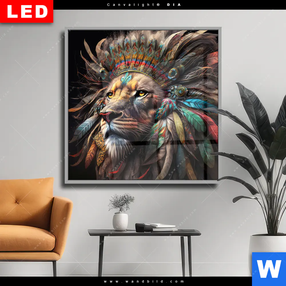Wechselmotiv Acrylglas Canvalight® DIA | Löwenkopf mit bunten Federn | Quadrat