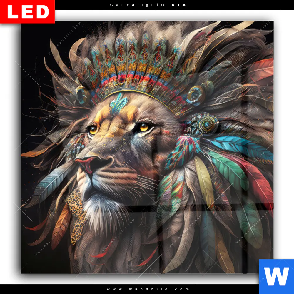 Wechselmotiv Acrylglas Canvalight® DIA | Löwenkopf mit bunten Federn | Quadrat - Image 2
