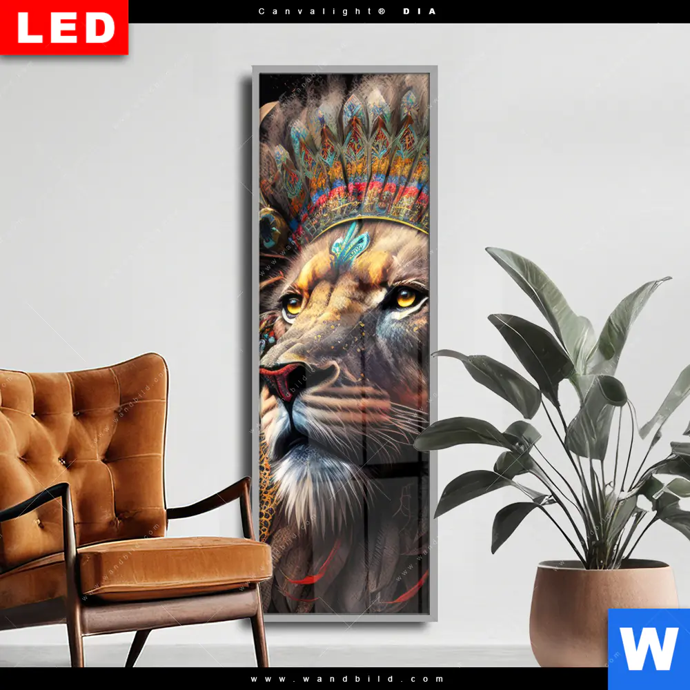 Wechselmotiv Acrylglas Canvalight® DIA | Löwenkopf mit bunten Federn | Schmal