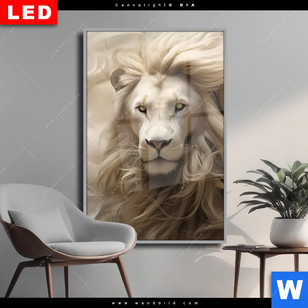 Wechselmotiv Acrylglas Canvalight® DIA | Löwenkopf mit weißer Mähne | Hochformat