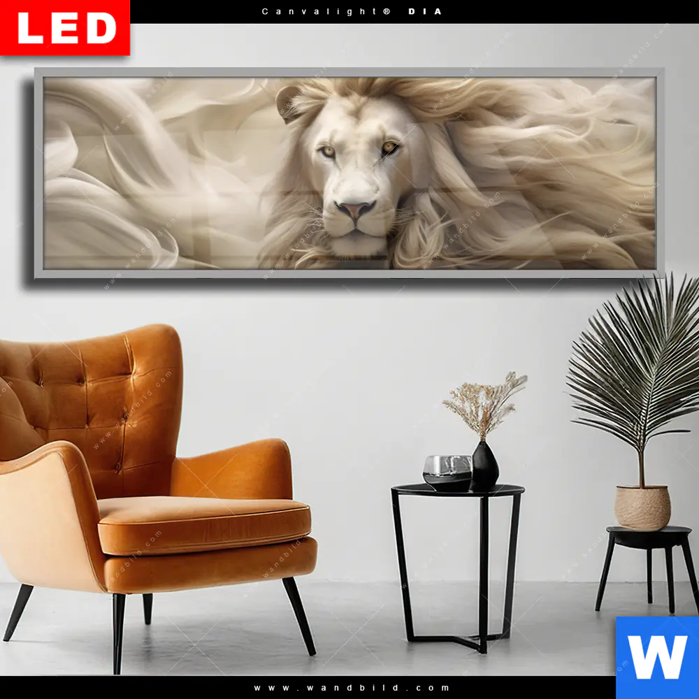 Wechselmotiv Acrylglas Canvalight® DIA | Löwenkopf mit weißer Mähne | Panorama