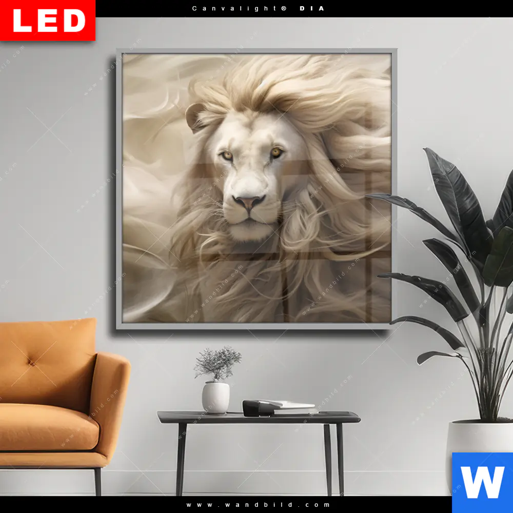 Wechselmotiv Acrylglas Canvalight® DIA | Löwenkopf mit weißer Mähne | Quadrat
