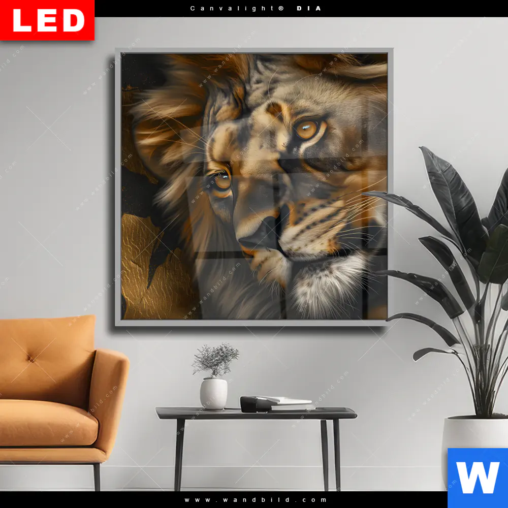 Wechselmotiv Acrylglas Canvalight® DIA | Löwenportrait: Kraft und Eleganz | Quadrat