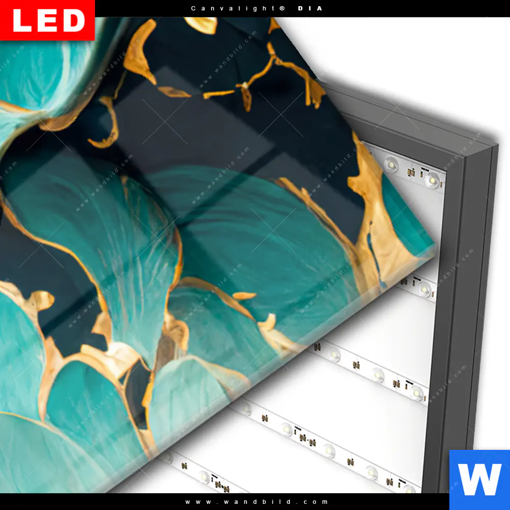 Wechselmotiv Acrylglas Canvalight® DIA | Marmor Blüten in türkis & gold | Panorama - Image 3