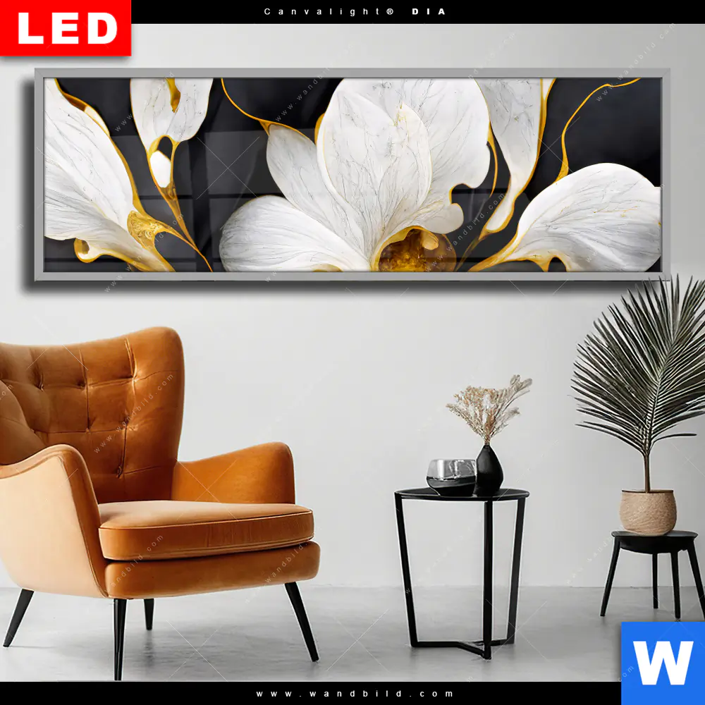 Wechselmotiv Acrylglas Canvalight® DIA | Marmor Blüten in weiß & gold | Panorama