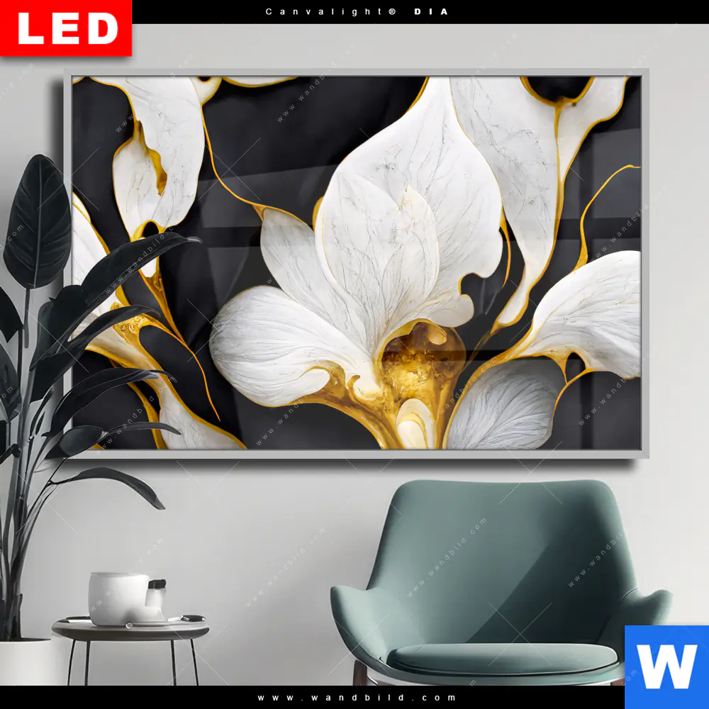 Wechselmotiv Acrylglas Canvalight® DIA | Marmor Blüten in weiß & gold | Querformat