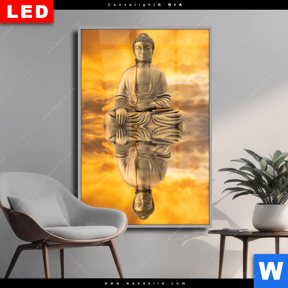 Wechselmotiv Acrylglas Canvalight® DIA | Meditierender Buddha am See | Hochformat
