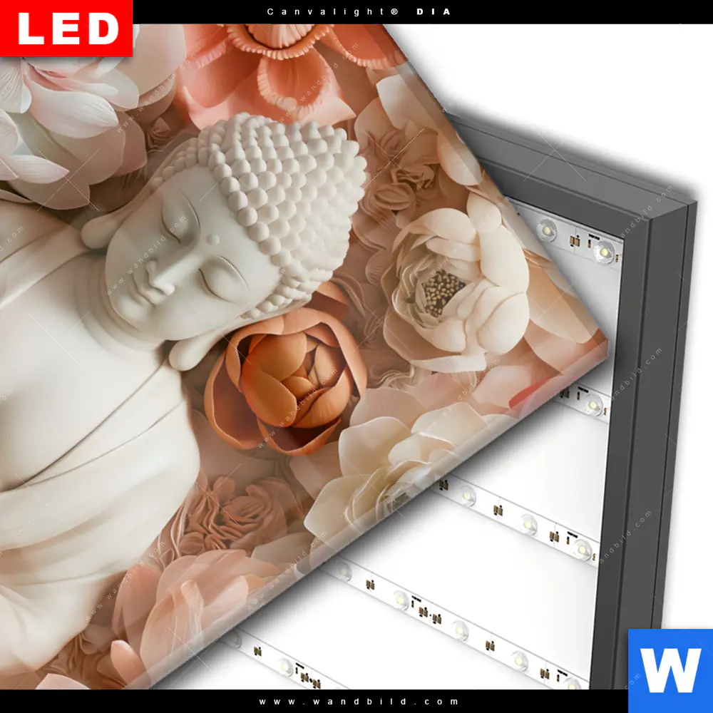 Wechselmotiv Acrylglas Canvalight® DIA | Meditierender Buddha mit Blüten | Hochformat - Image 3
