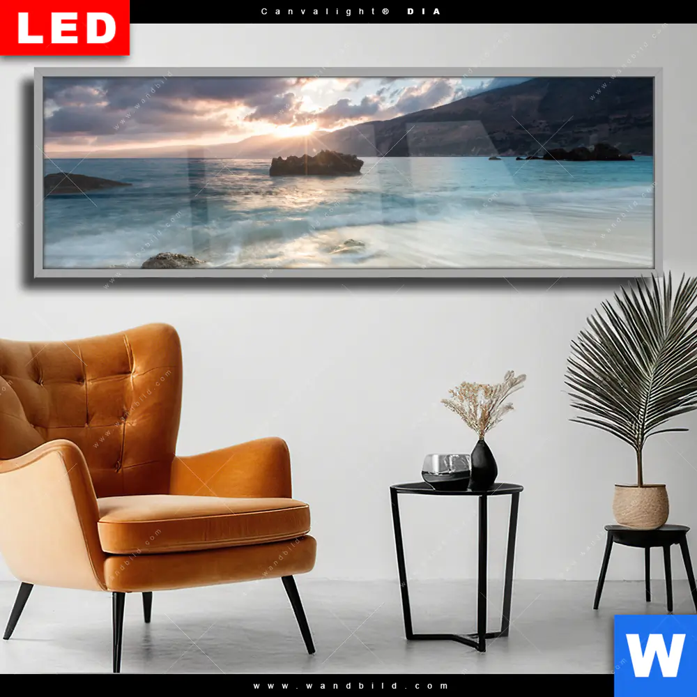 Wechselmotiv Acrylglas Canvalight® DIA | Meeresrauschen bei Sonnenuntergang | Panorama