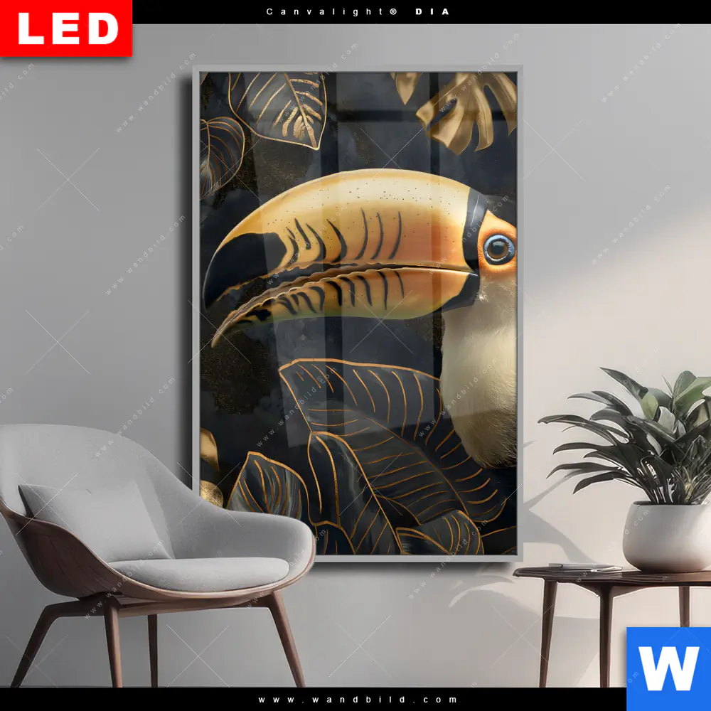Wechselmotiv Acrylglas Canvalight® DIA | Monstera und Tukan Gold | Hochformat