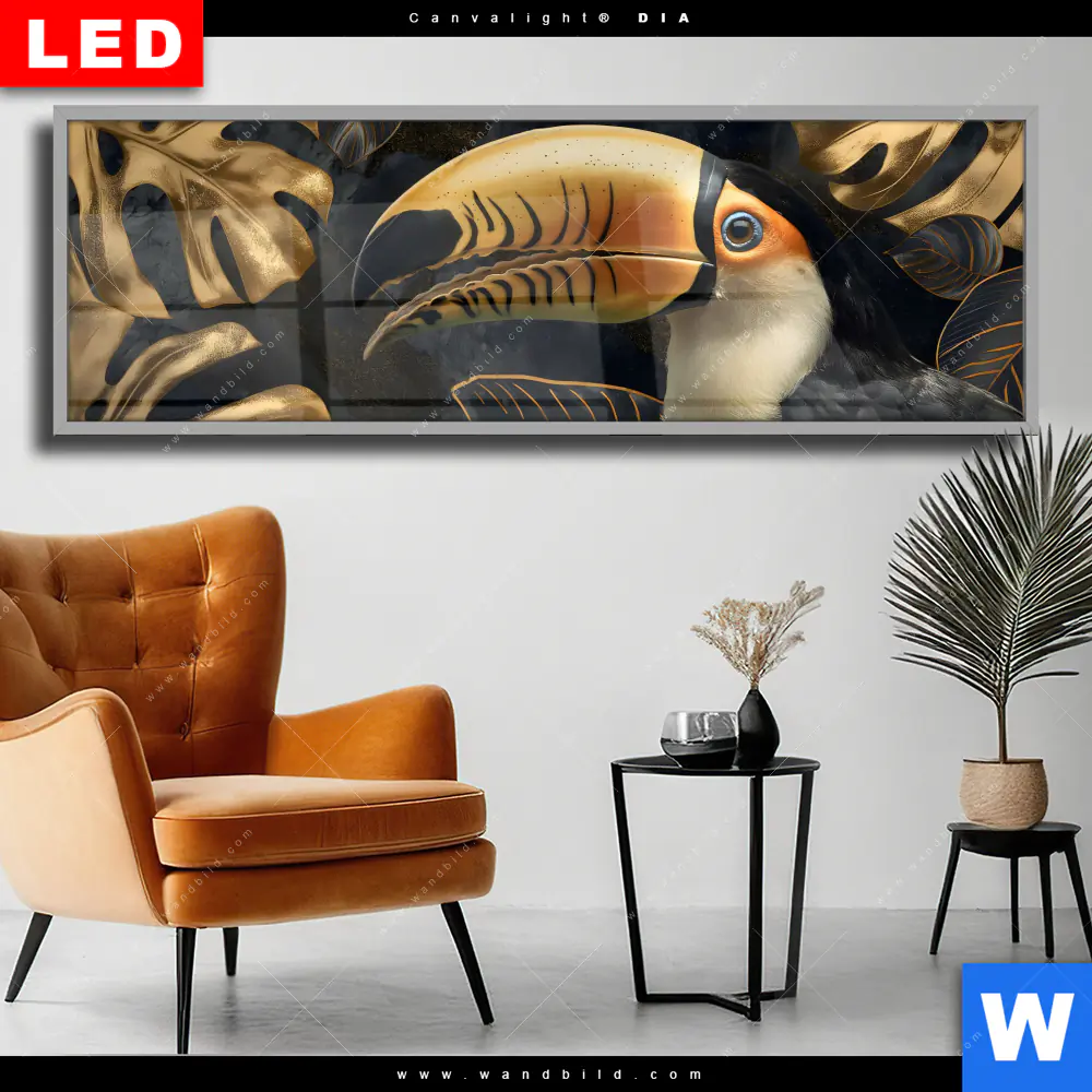 Wechselmotiv Acrylglas Canvalight® DIA | Monstera und Tukan Gold | Panorama