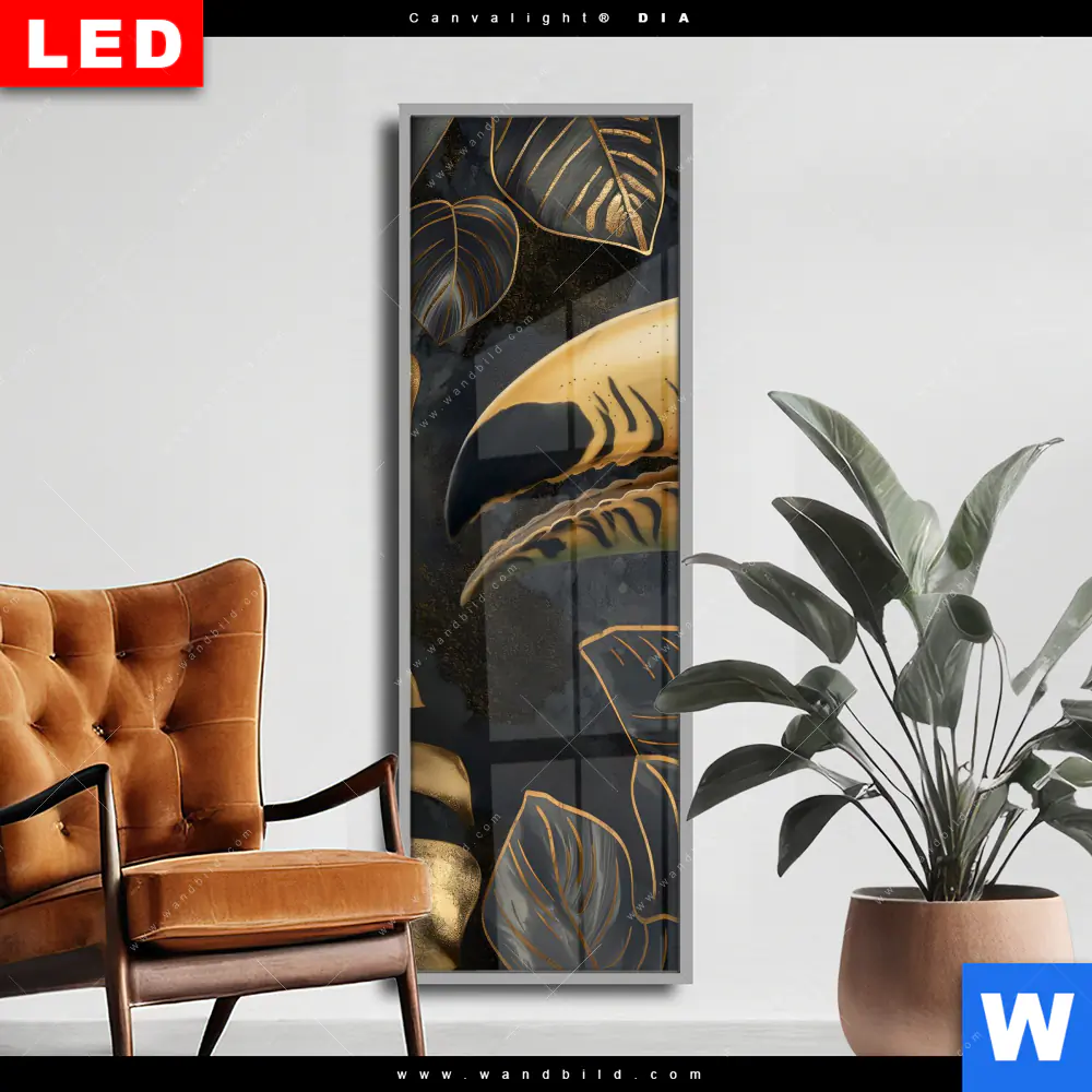 Wechselmotiv Acrylglas Canvalight® DIA | Monstera und Tukan Gold | Schmal