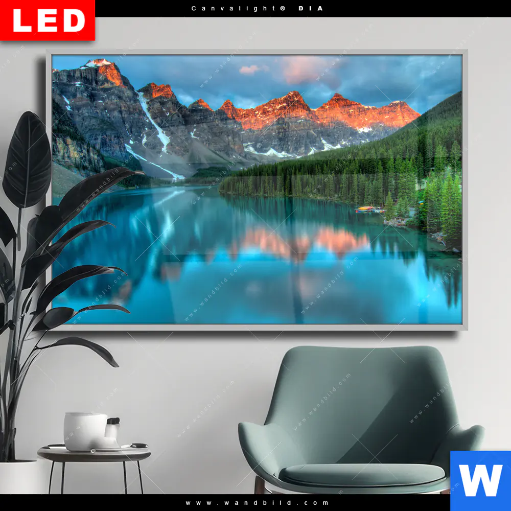 Wechselmotiv Acrylglas Canvalight® DIA | Moränensee Sonnenaufgang | Querformat