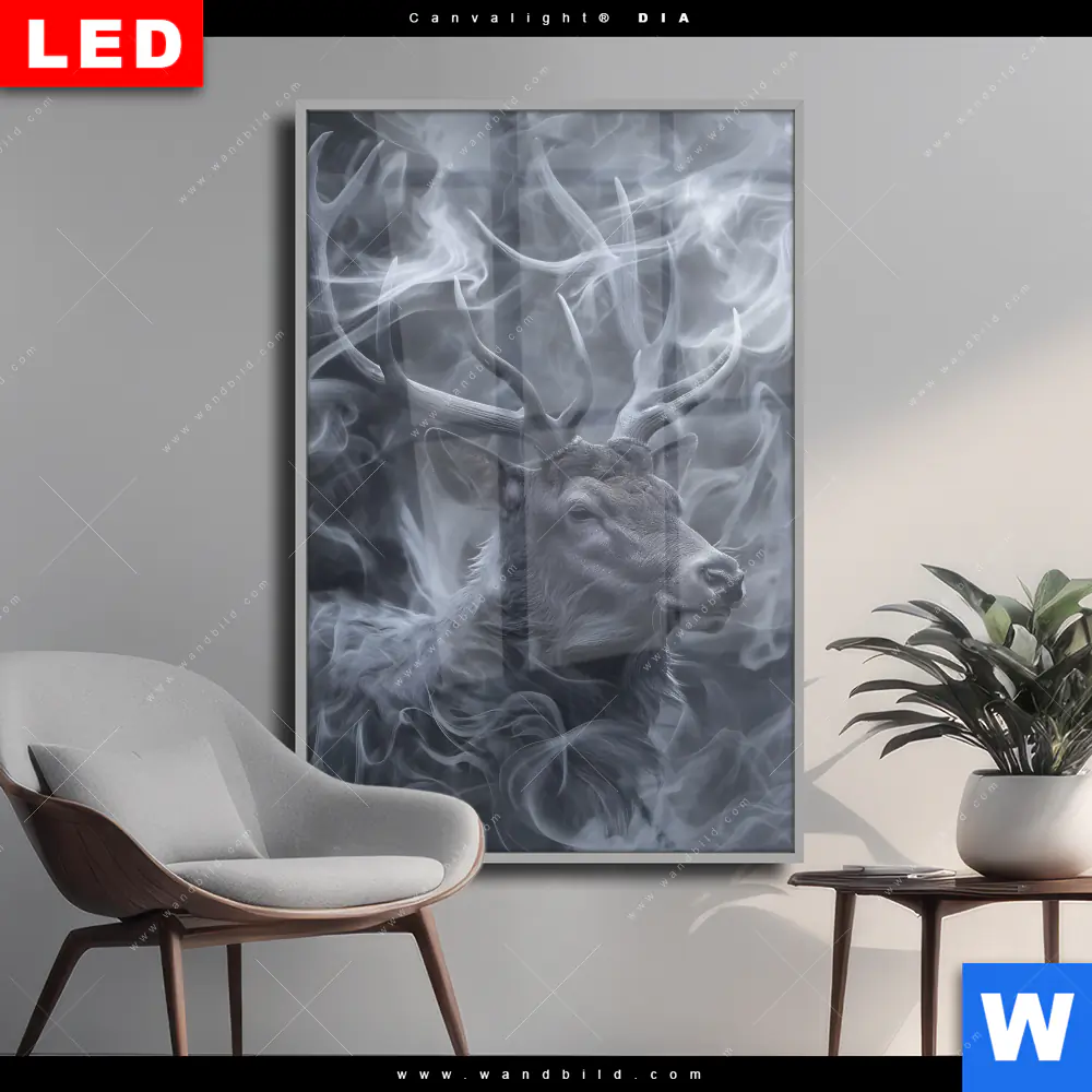 Wechselmotiv Acrylglas Canvalight® DIA | Mystischer Hirsch im Nebel | Hochformat