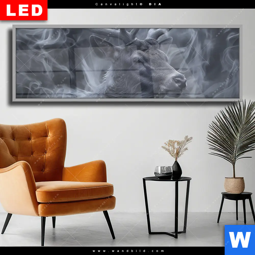 Wechselmotiv Acrylglas Canvalight® DIA | Mystischer Hirsch im Nebel | Panorama