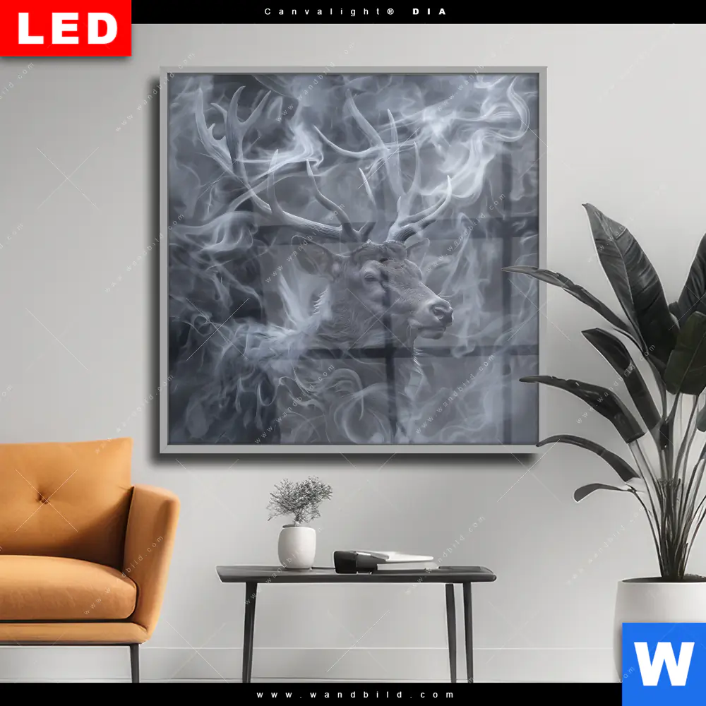 Wechselmotiv Acrylglas Canvalight® DIA | Mystischer Hirsch im Nebel | Quadrat