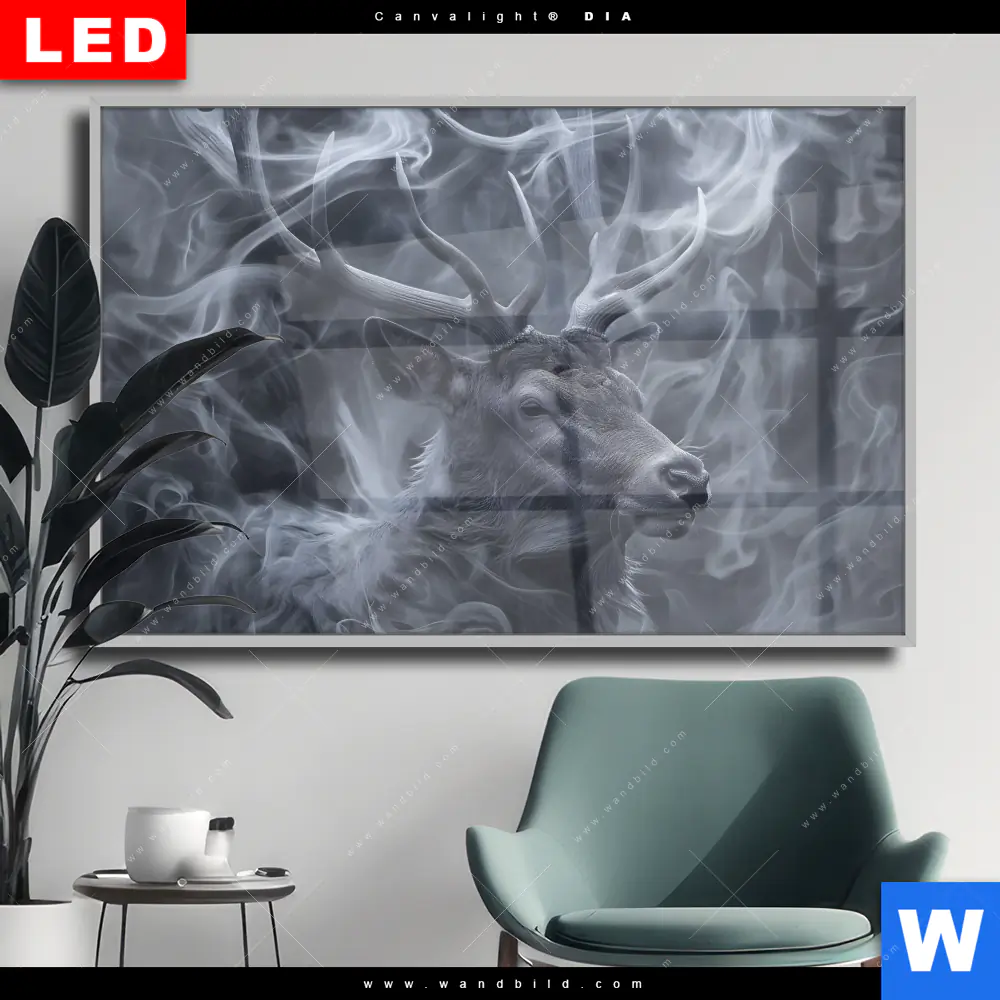 Wechselmotiv Acrylglas Canvalight® DIA | Mystischer Hirsch im Nebel | Querformat