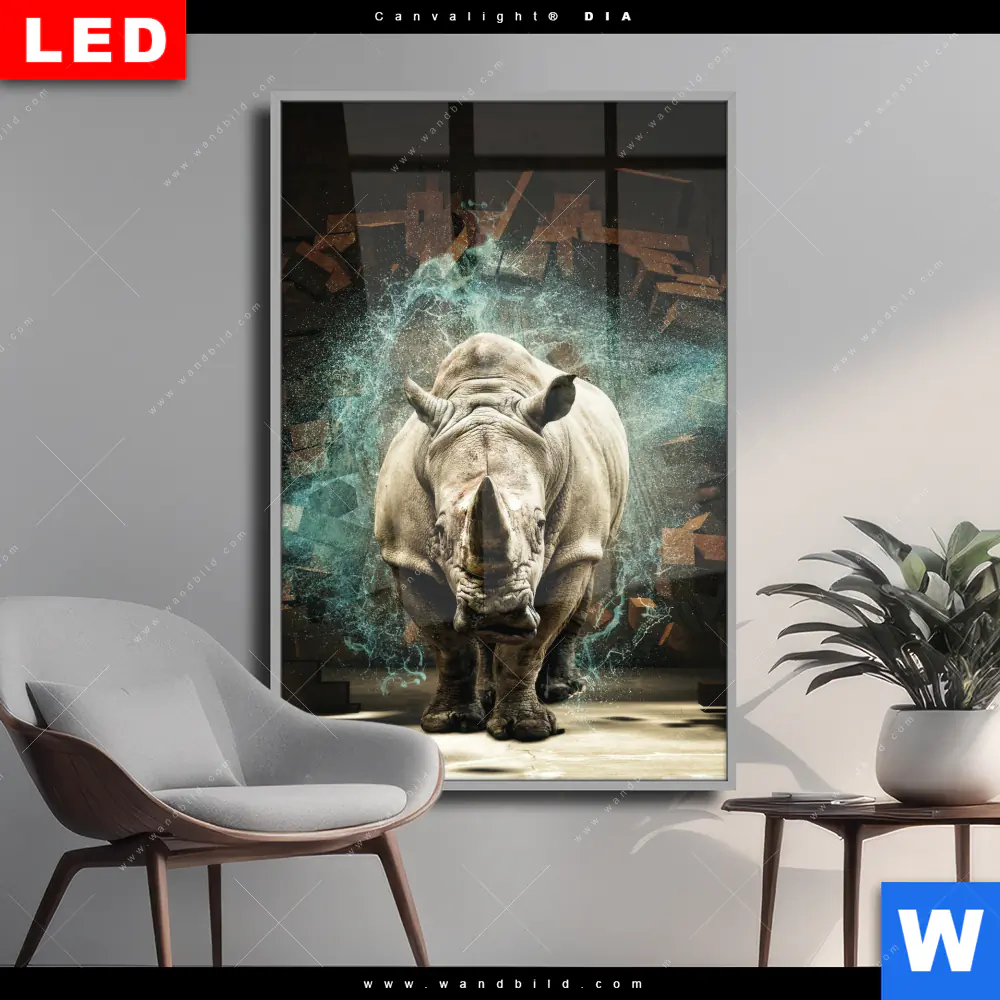 Wechselmotiv Acrylglas Canvalight® DIA | Nashorn zerstört Wand | Hochformat