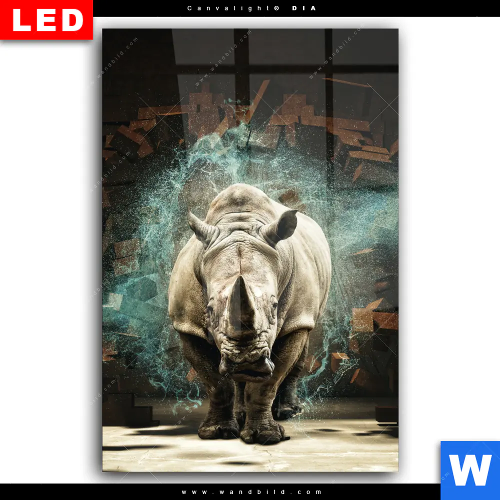 Wechselmotiv Acrylglas Canvalight® DIA | Nashorn zerstört Wand | Hochformat - Image 2