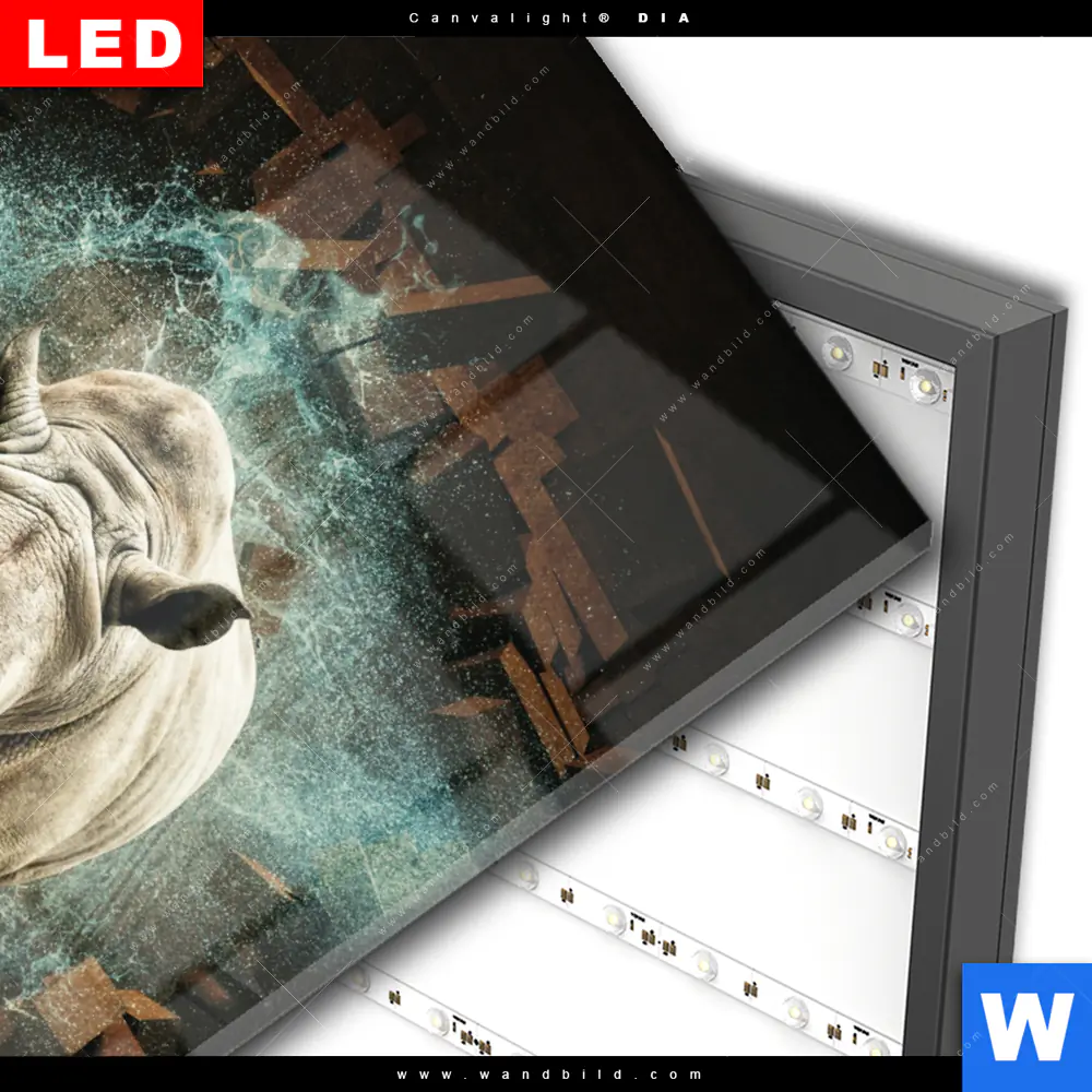 Wechselmotiv Acrylglas Canvalight® DIA | Nashorn zerstört Wand | Hochformat - Image 3