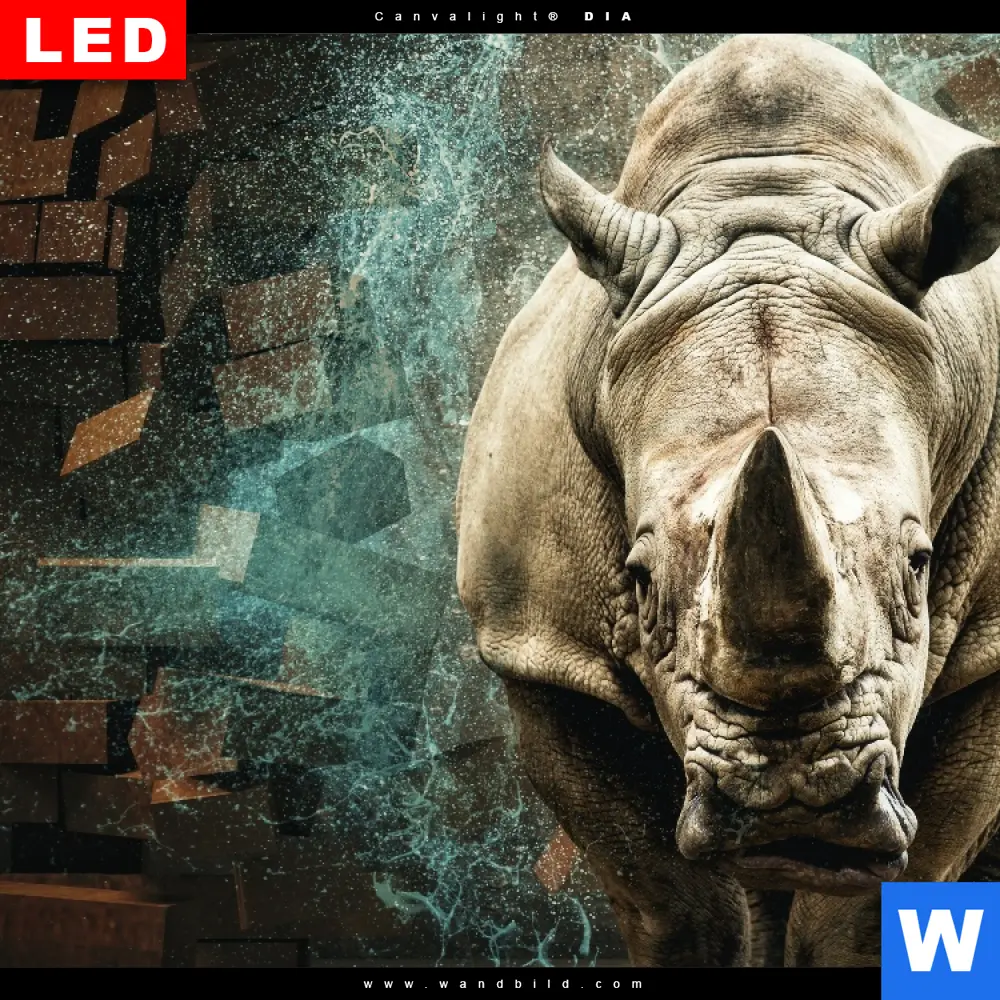 Wechselmotiv Acrylglas Canvalight® DIA | Nashorn zerstört Wand | Hochformat - Image 4