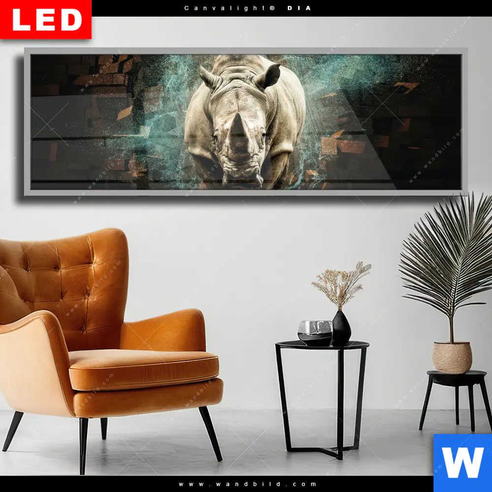 Wechselmotiv Acrylglas Canvalight® DIA | Nashorn zerstört Wand | Panorama