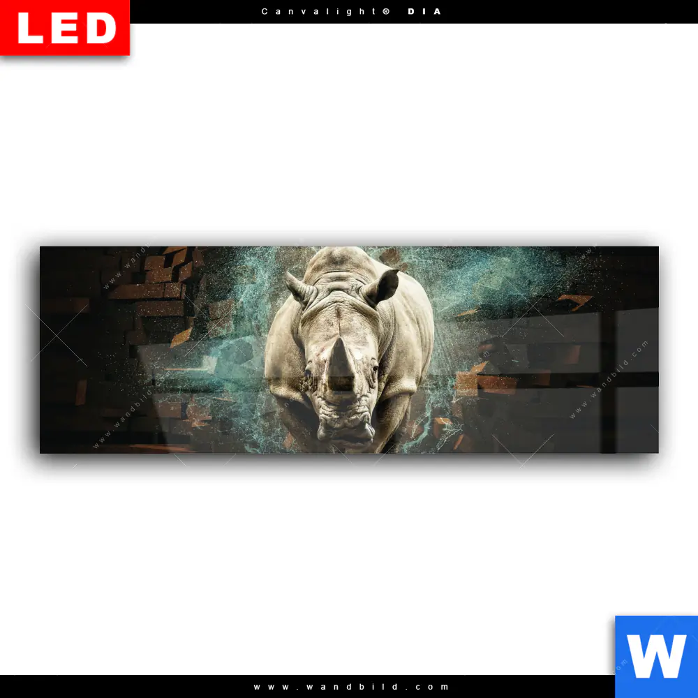 Wechselmotiv Acrylglas Canvalight® DIA | Nashorn zerstört Wand | Panorama - Image 2