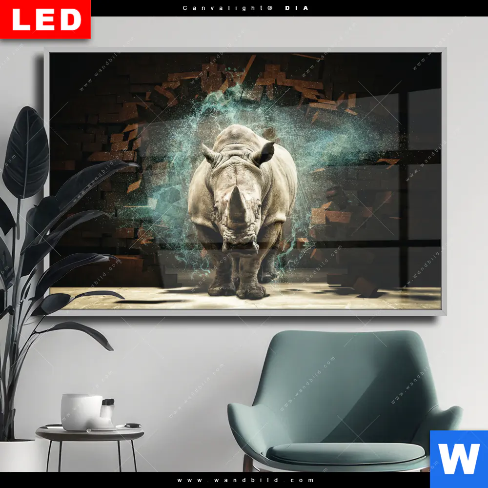 Wechselmotiv Acrylglas Canvalight® DIA | Nashorn zerstört Wand | Querformat