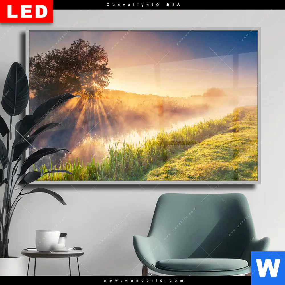 Wechselmotiv Acrylglas Canvalight® DIA | Nebel am Fluss | Querformat